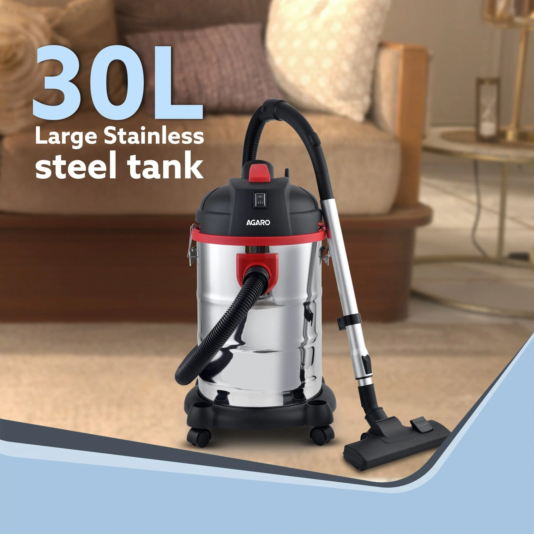 Ace Wet & Dry Vacuum Cleaner, 1600 Watts, 21.5 Kpa Suction Power, 30 Litres Tank Capacity, Home Use, Blower Function, Washable 3L Dust Bag, Stainless Steel Body (Black/Red/Steel) - Image 3