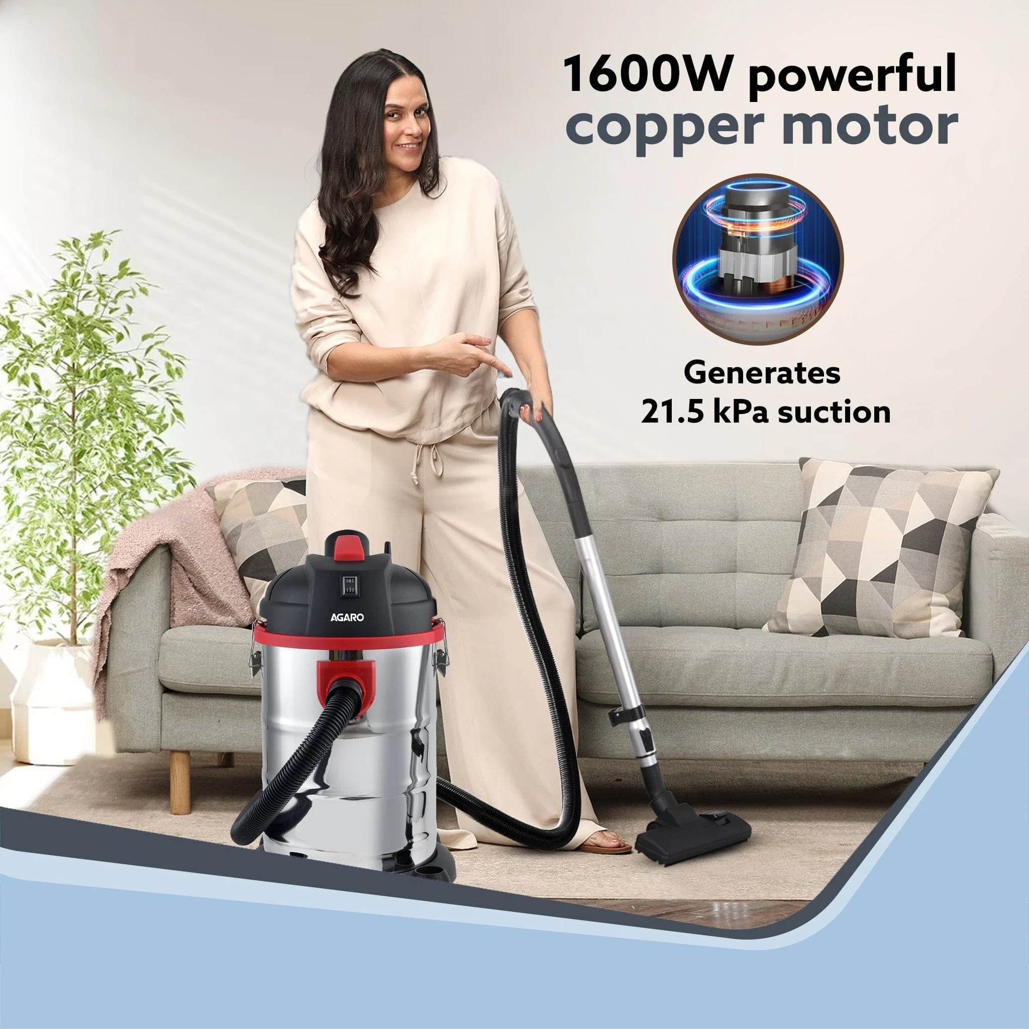 Ace Wet & Dry Vacuum Cleaner, 1600 Watts, 21.5 Kpa Suction Power, 30 Litres Tank Capacity, Home Use, Blower Function, Washable 3L Dust Bag, Stainless Steel Body (Black/Red/Steel) - Image 4