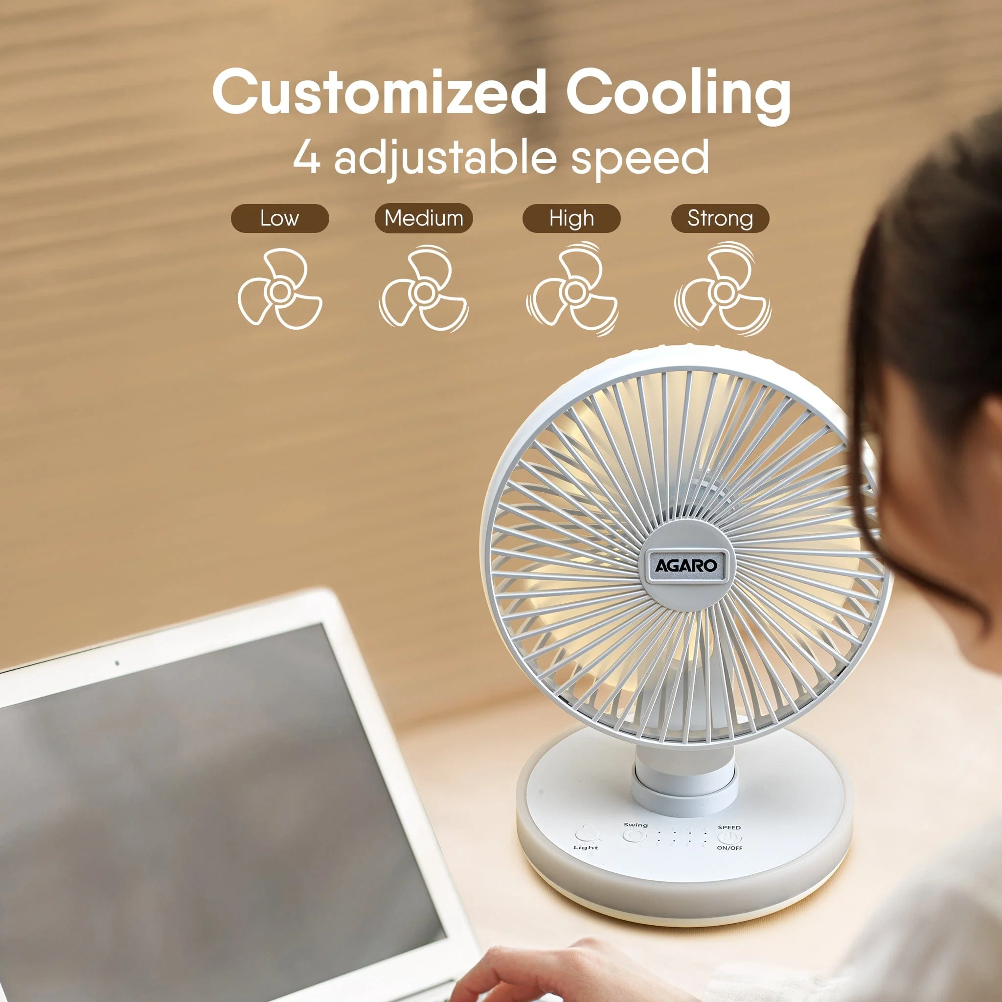 Alpha Desktop Fan with Light, 6 Inches, 4 Speeds, Oscillating Table Fan, Brushless Motor, Wide Angle Adjustment, USB Rechargeable, Ultra Quiet, Personal Mini Fan for Home Office Bedroom, White - Image 3