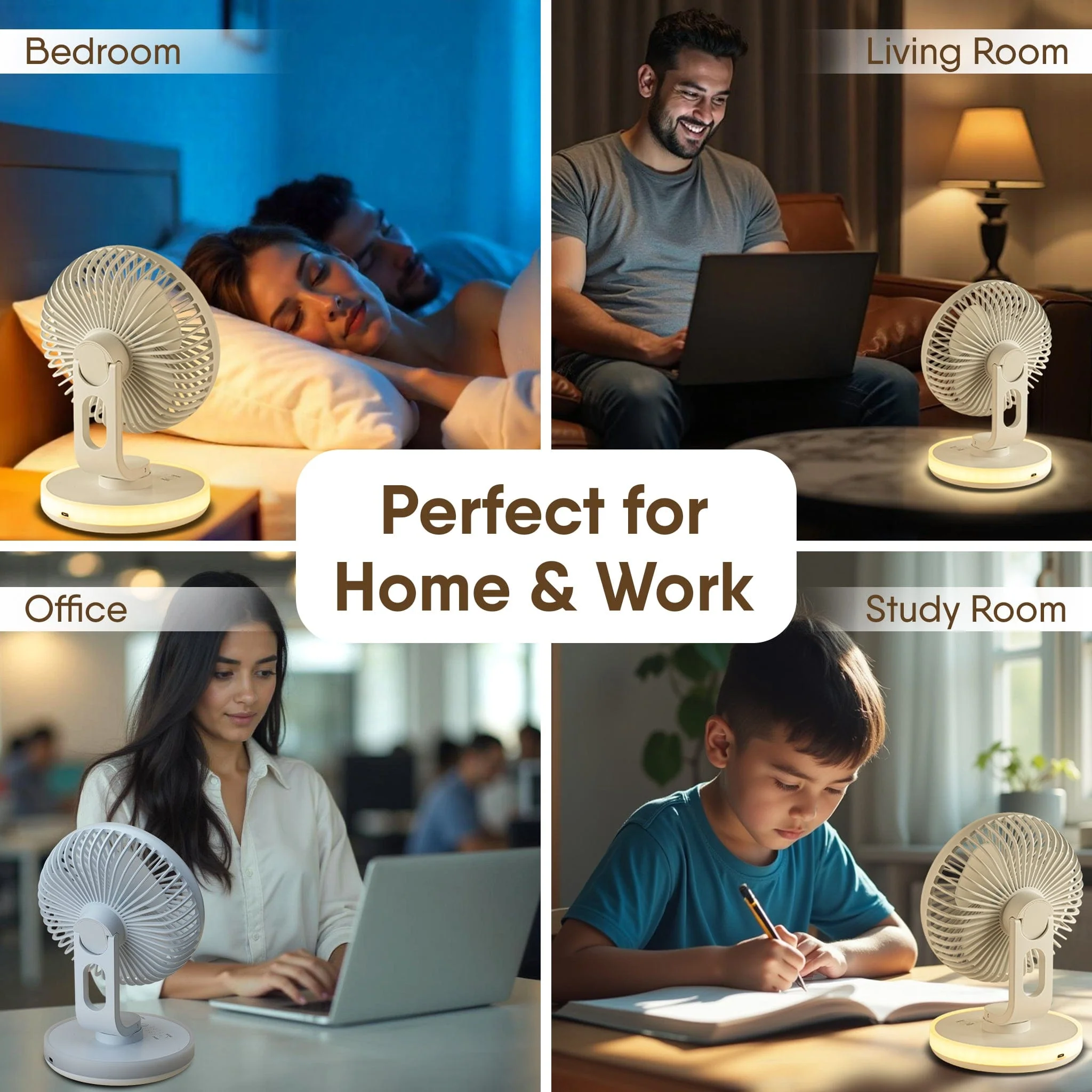 Alpha Desktop Fan with Light, 6 Inches, 4 Speeds, Oscillating Table Fan, Brushless Motor, Wide Angle Adjustment, USB Rechargeable, Ultra Quiet, Personal Mini Fan for Home Office Bedroom, White - Image 7