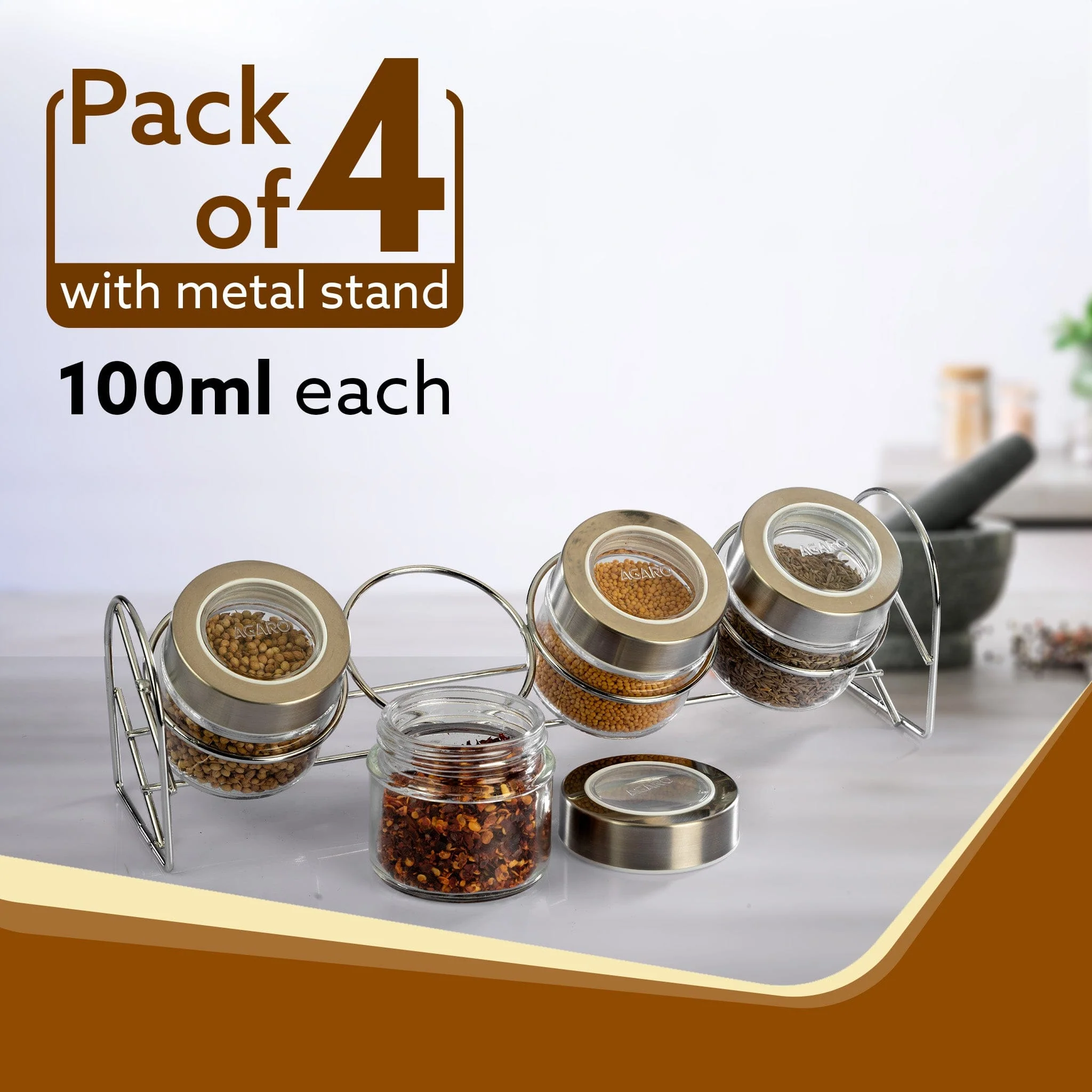 Elegant Glass Spice Jar with Metal Stand, Pack of 4, 100Ml Each, Transparent Body, Steel lid with transparent plastic, Stores Spices - Image 2
