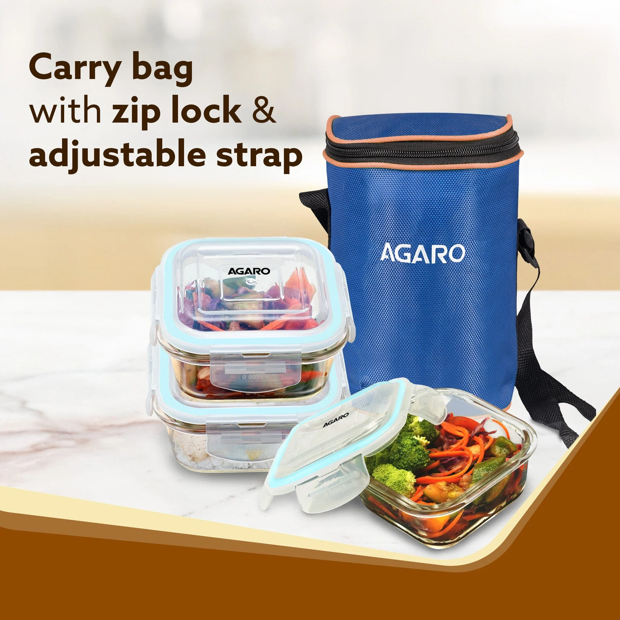 Elite Lunch Box, Set of 3 With Lunch Bag, Square Shaped, Borosilicate Glass, Leakproof & Airtight Locking Lids, Microwave & Freezer Safe, Office Lunch Box Set, Transparent, Set of 3 ƒ?? 320ml+320ml +320ml - Image 6