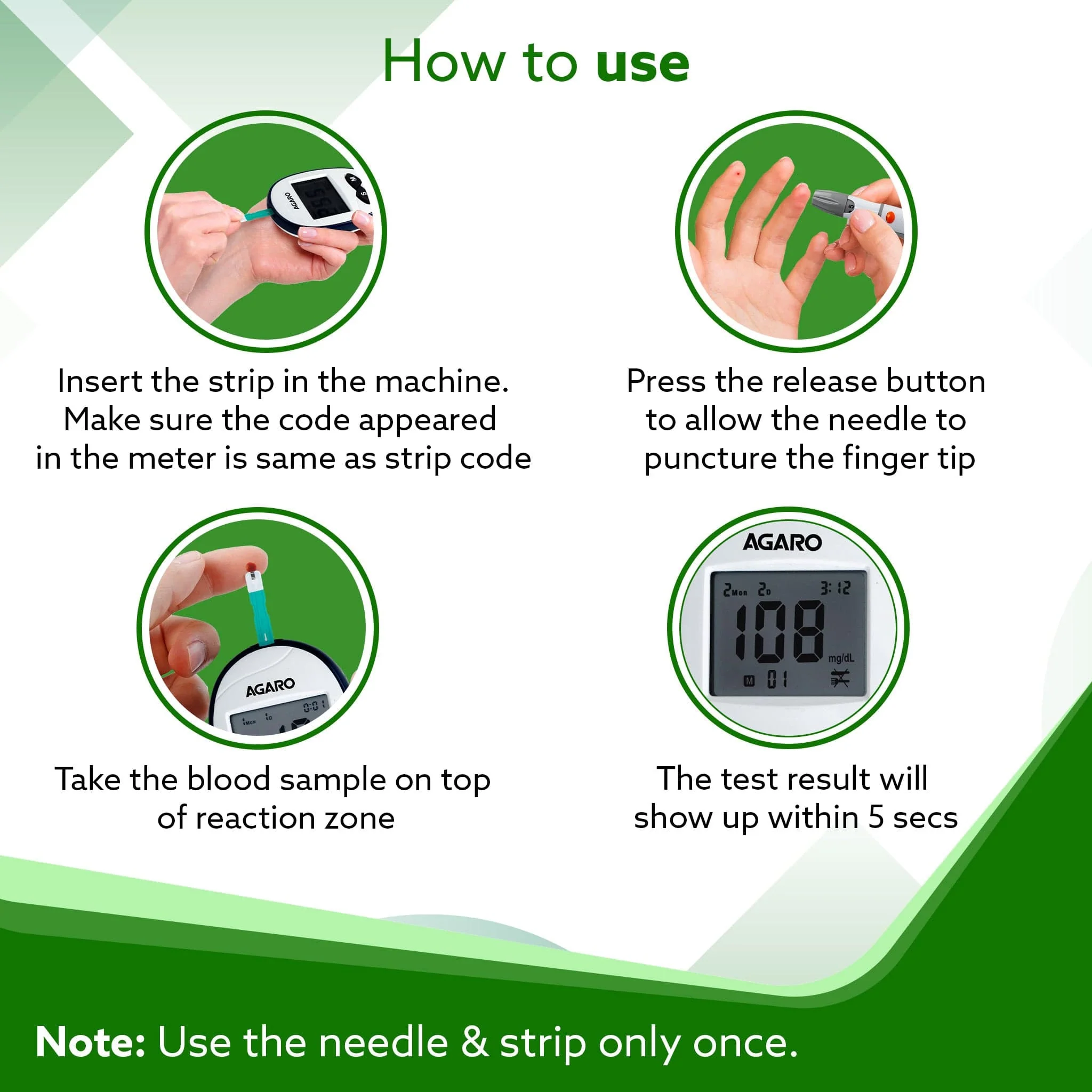 AGARO Glucometer, Blood Glucose Monitoring System with 10pcs Strips & Lancets, Glucometer Machine, Instant Blood Sugar Test at Home, Fast Blood Sugar Testing Device, Simple & Accurate, GLM-76 - Image 4