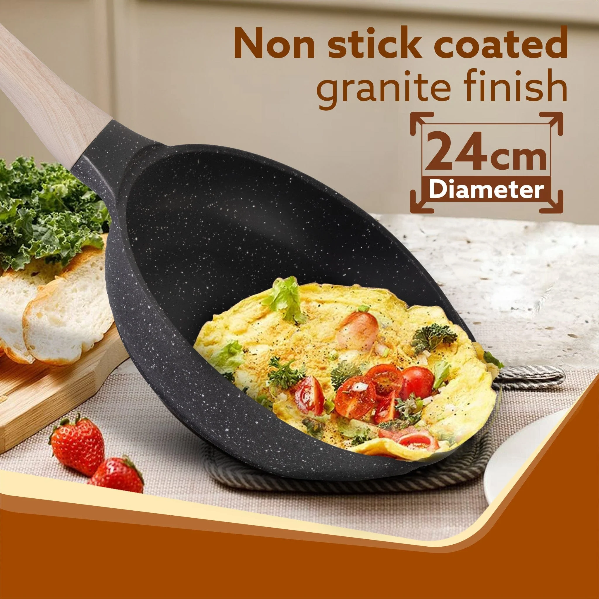 Imperial Granite Non Stick Fry pan with Glass Lid, 1.6L / 24cm, Cast Aluminium Body, Omelette Egg Pan, Fish Fry Pan, Gas & Induction Compatible, Dark Grey - Image 2