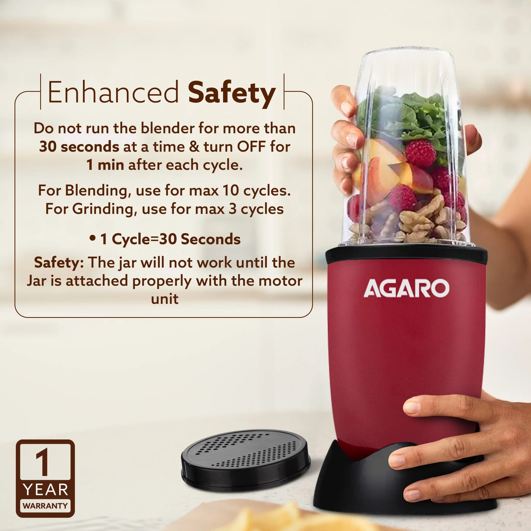 Regal 3 Jar Personal Blender, 400W, Serrated and Cross Blade with Detachable Base, Mixer/Grinder/Smoothie/Juice Maker, Red & Black - Image 6
