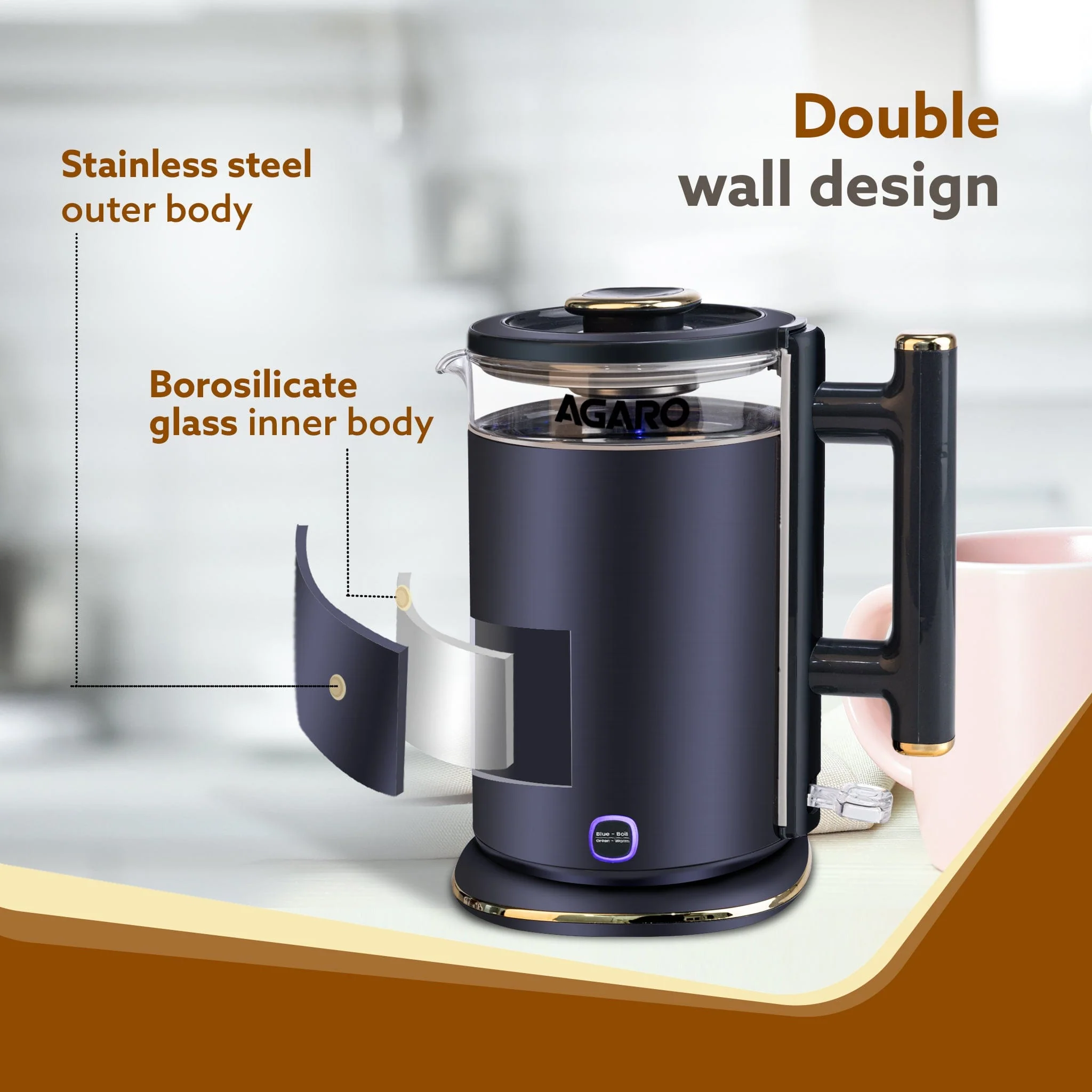 Regal Electric Kettle with Keep Warm Function, Stainless Steel & Glass body, Double Wall Design, Hot Water Kettle with Auto Shut - Off and Boil Dry Protection, Black - Image 3
