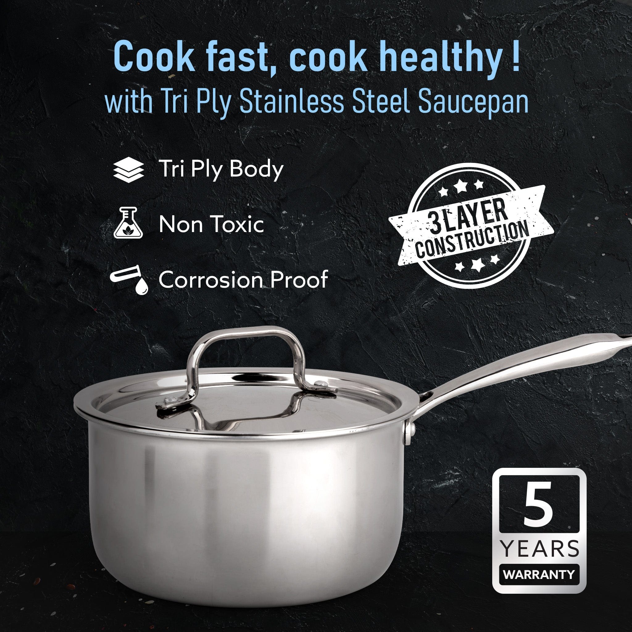 Regency Triply Steel Saucepan With Lid 18 cm, Triple Layered Stainless Steel Body,  2.25L Capacity, 2.5mm Thick Body, Sturdy Handle, Induction & Gas Compatible, Tea, Chai Pan - Image 2