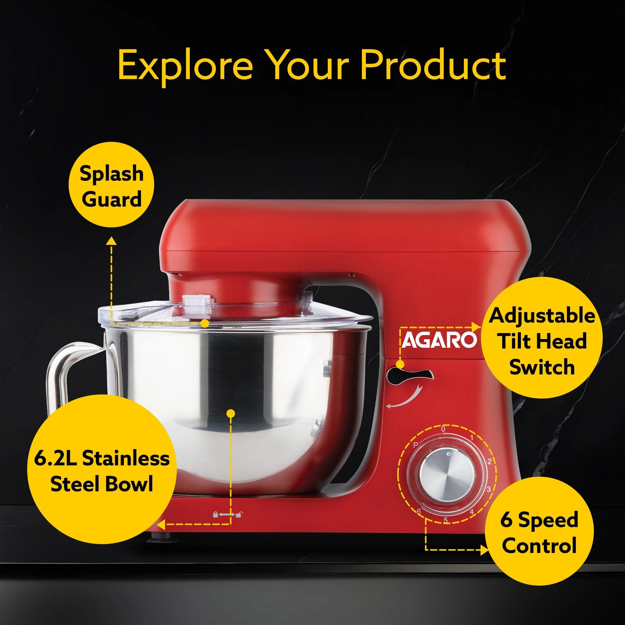 Supreme Stand Mixer 1500W with 6.2L SS Bowl, 6 Speed Setting, Pulse Function, Die Cast Aluminium Body, Pure Copper Motor, Whisking Cone, Mixing Beater & Dough Hook, Transparent Bowl Cover,  Red - Image 3