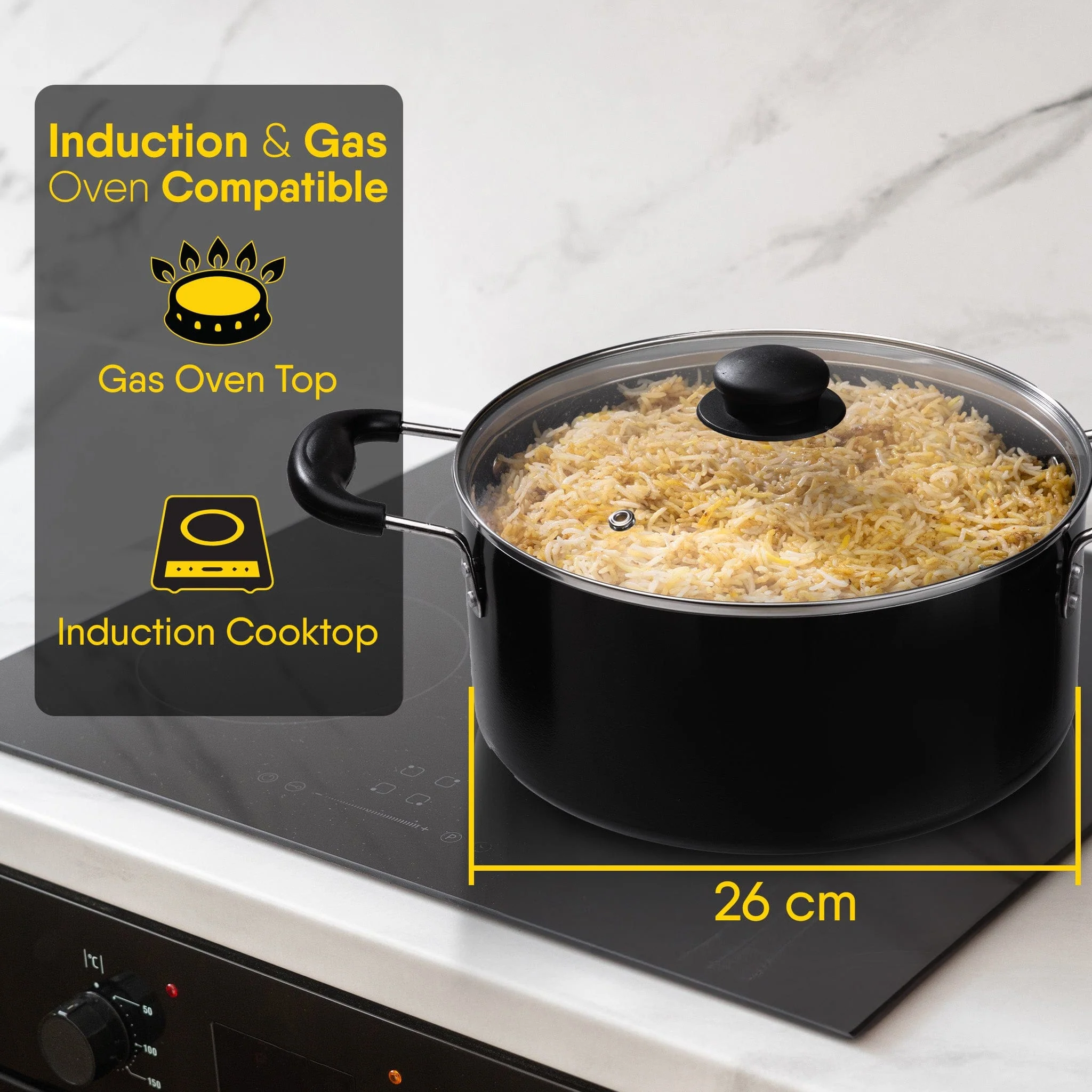 Elegant Non Stick  Biryani Pot with Glass Lid,  26 cm Diameter, 5.5L Capacity, Non Stick Coated Aluminium Pot, Side Handle, Gas & Induction Oven Compatible, Biriyani, Pulao - Image 5