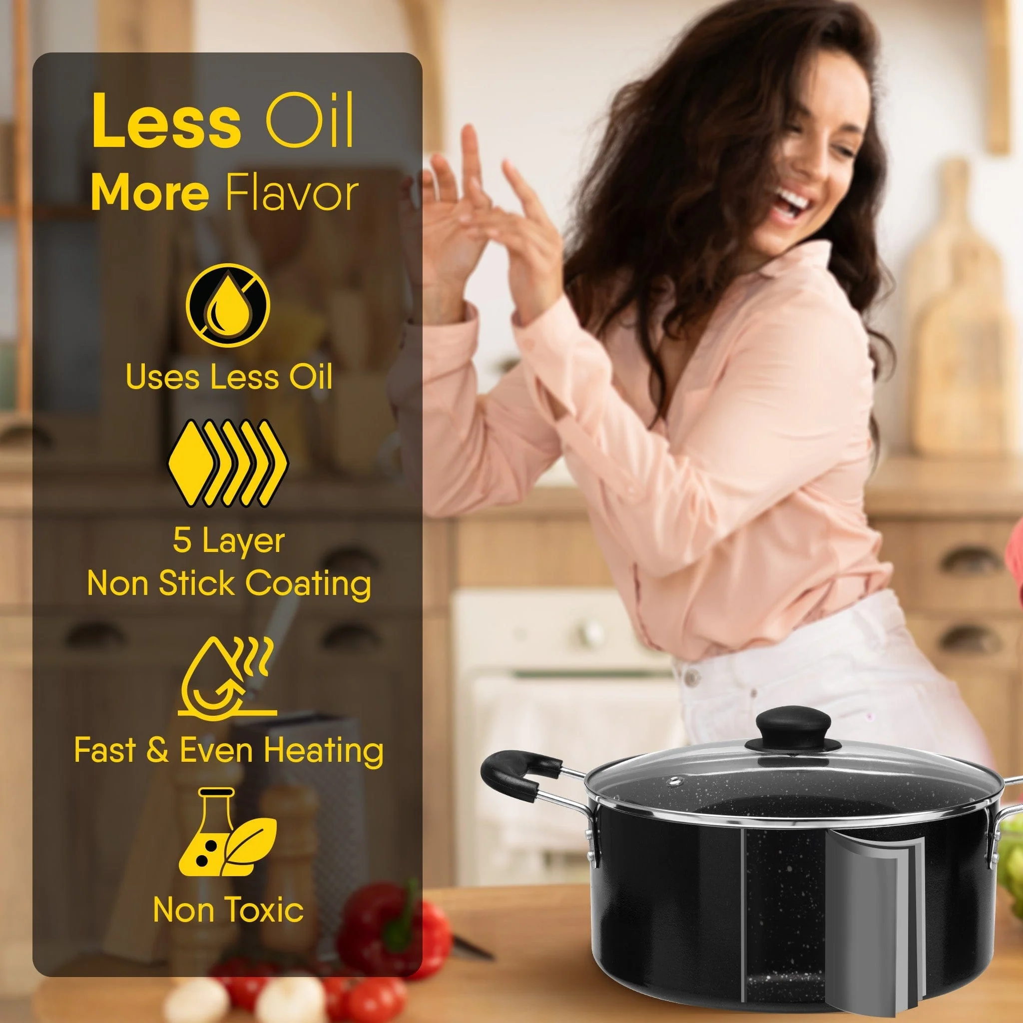 Elegant Non Stick  Biryani Pot with Glass Lid,  26 cm Diameter, 5.5L Capacity, Non Stick Coated Aluminium Pot, Side Handle, Gas & Induction Oven Compatible, Biriyani, Pulao - Image 7