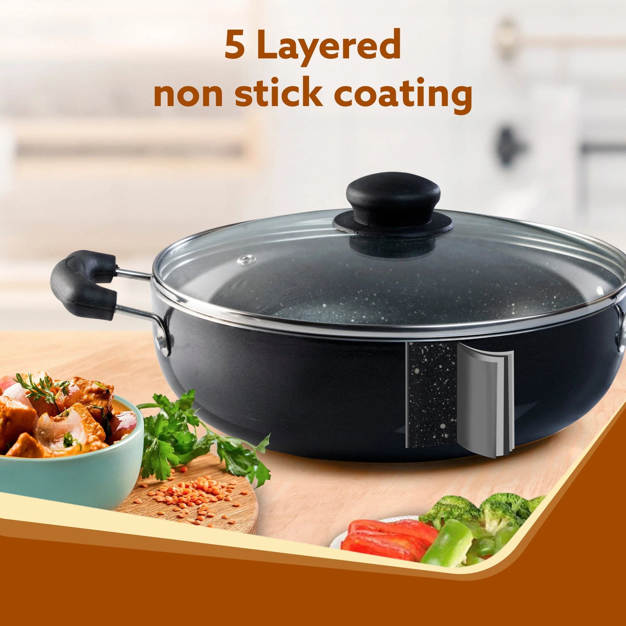 Elegant Non Stick Kadai with Glass Lid, 3.5L Capacity, 26 cm Diameter, Induction & Gas Oven Friendly, 3mm Thick, Riveted Cool Touch Handle, Granite Finish, PFOA Free, Cooking, Frying, Serving, cookware, Black - Image 3
