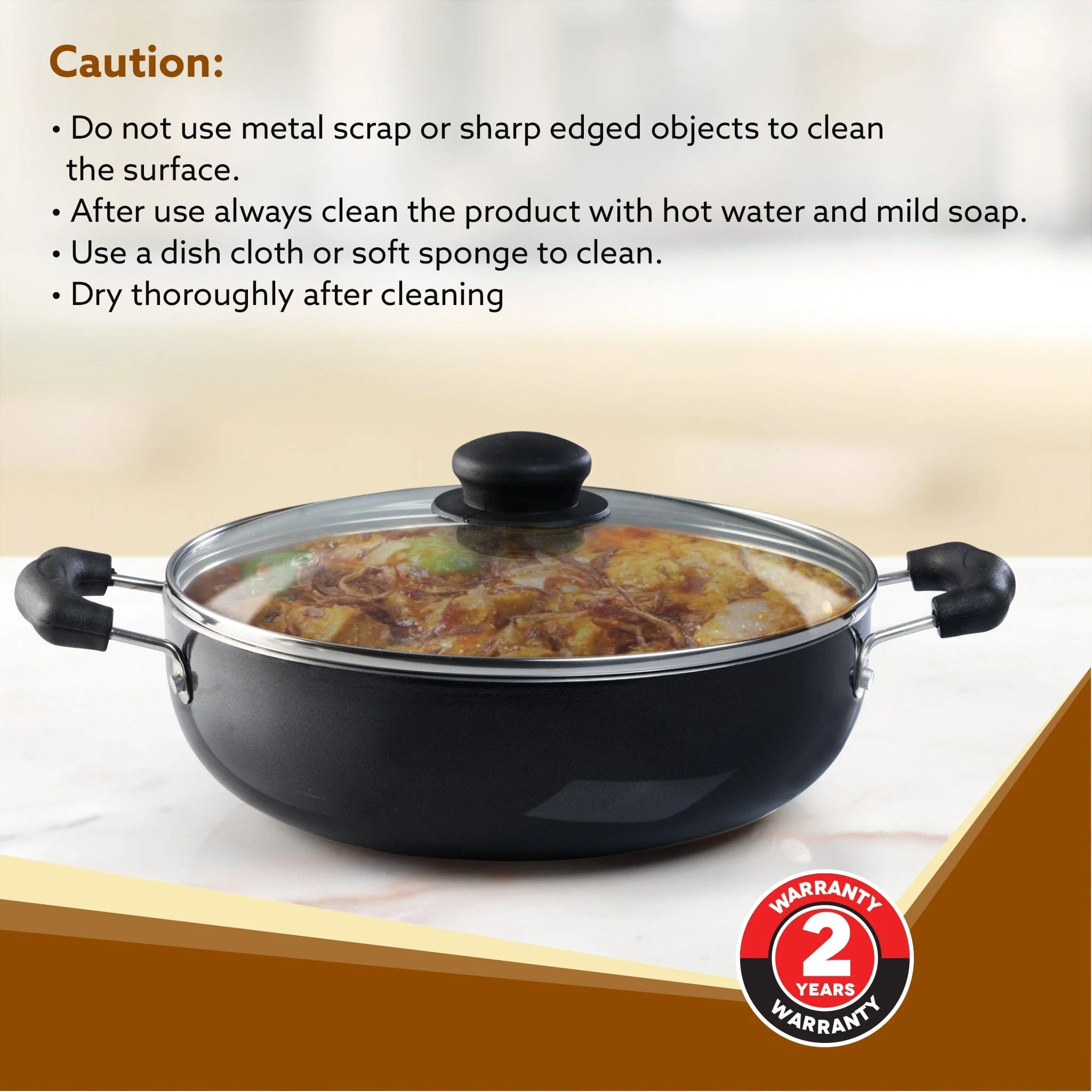 Elegant Non Stick Kadai with Glass Lid, 3.5L Capacity, 26 cm Diameter, Induction & Gas Oven Friendly, 3mm Thick, Riveted Cool Touch Handle, Granite Finish, PFOA Free, Cooking, Frying, Serving, cookware, Black - Image 6