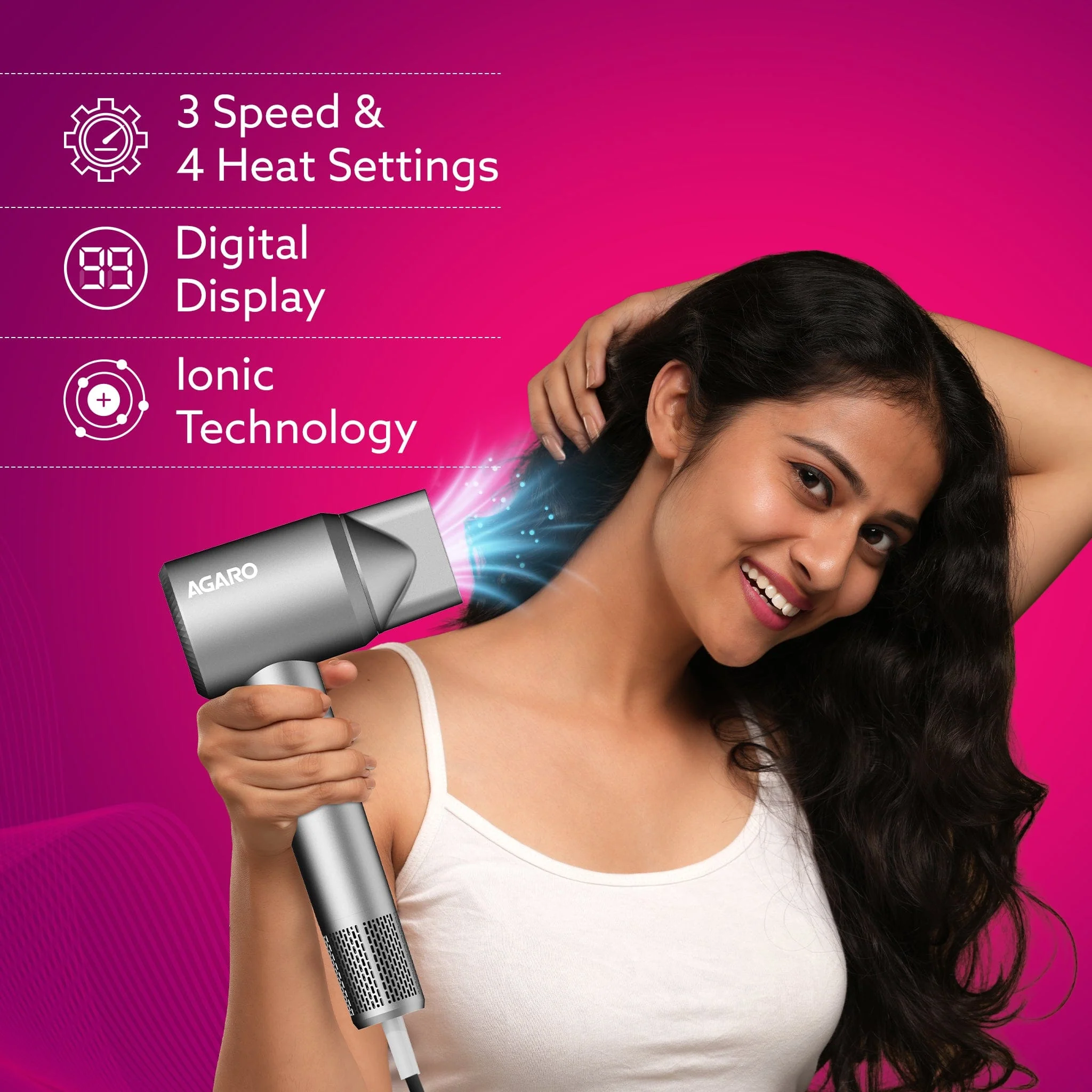 Elite BLDC Hair Dryer – 1600W Powerful Cold & Hot Air Dryer | Negative Ion Tech, 3 Heat Modes, 2 Fan Speeds, Real-Time Display, 360° Magnetic Nozzle & Diffuser, – Dark Grey - Image 2