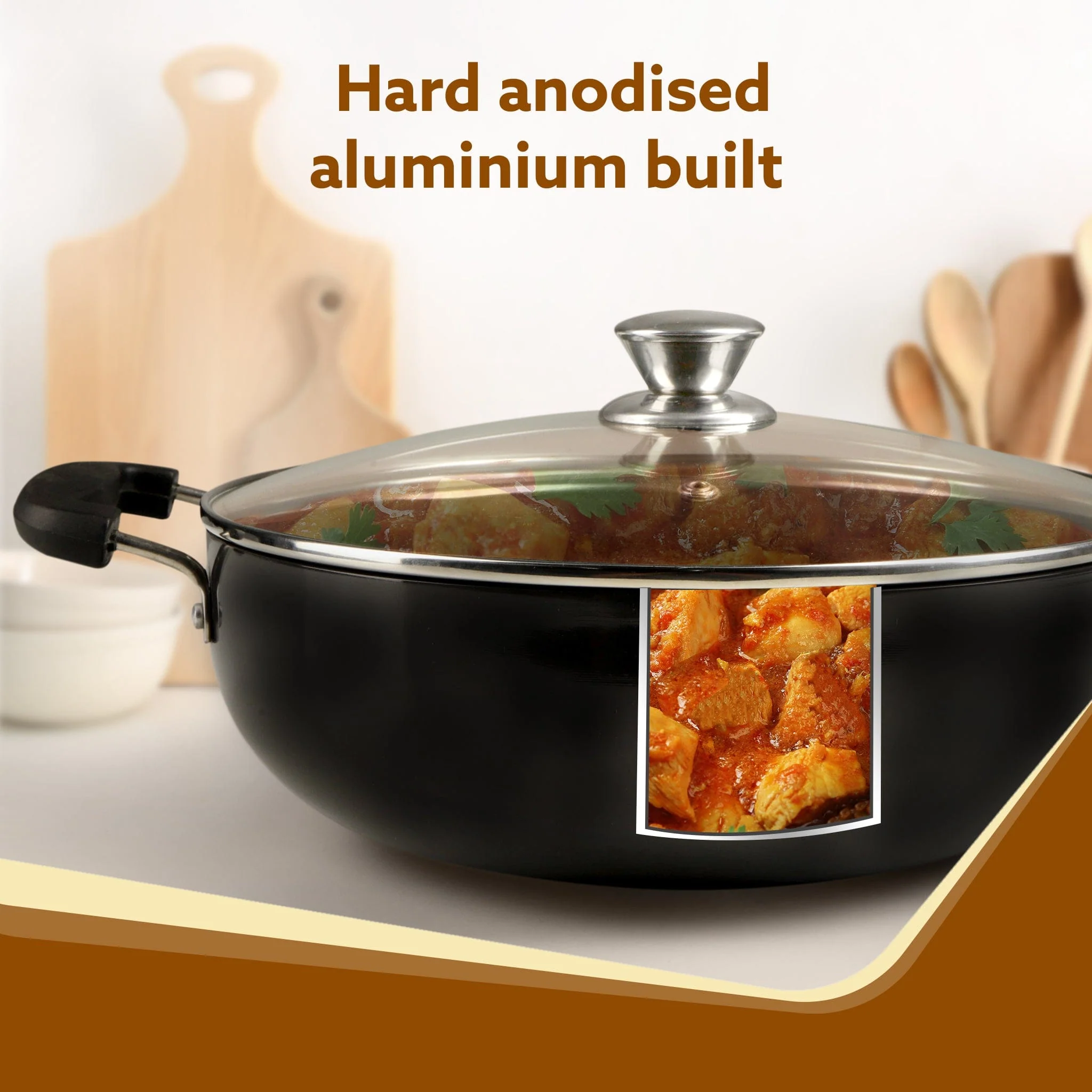 Elite Hard Anodised Kadhai With Glass Lid, 3.85L Capacity, 28 cm Diameter, Gas Oven Compatible, Riveted handle, 3mm thick plate, Cooking, Frying, Serving, Black - Image 3