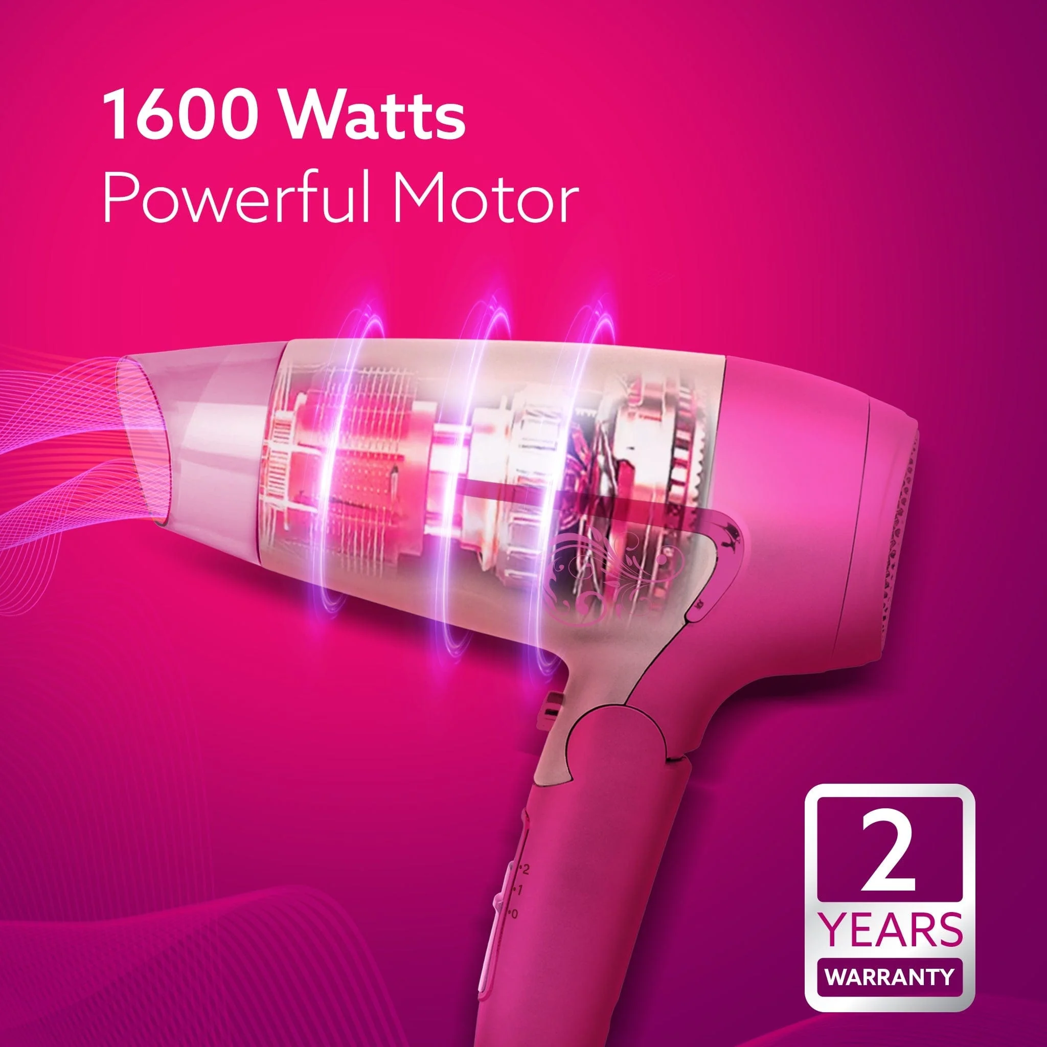 HD1179 Hair Dryer, 1600W, 2 Speed & 3 Heat Settings, Cool Shot, Foldable Handle, for Men & Women, Pink - Image 10