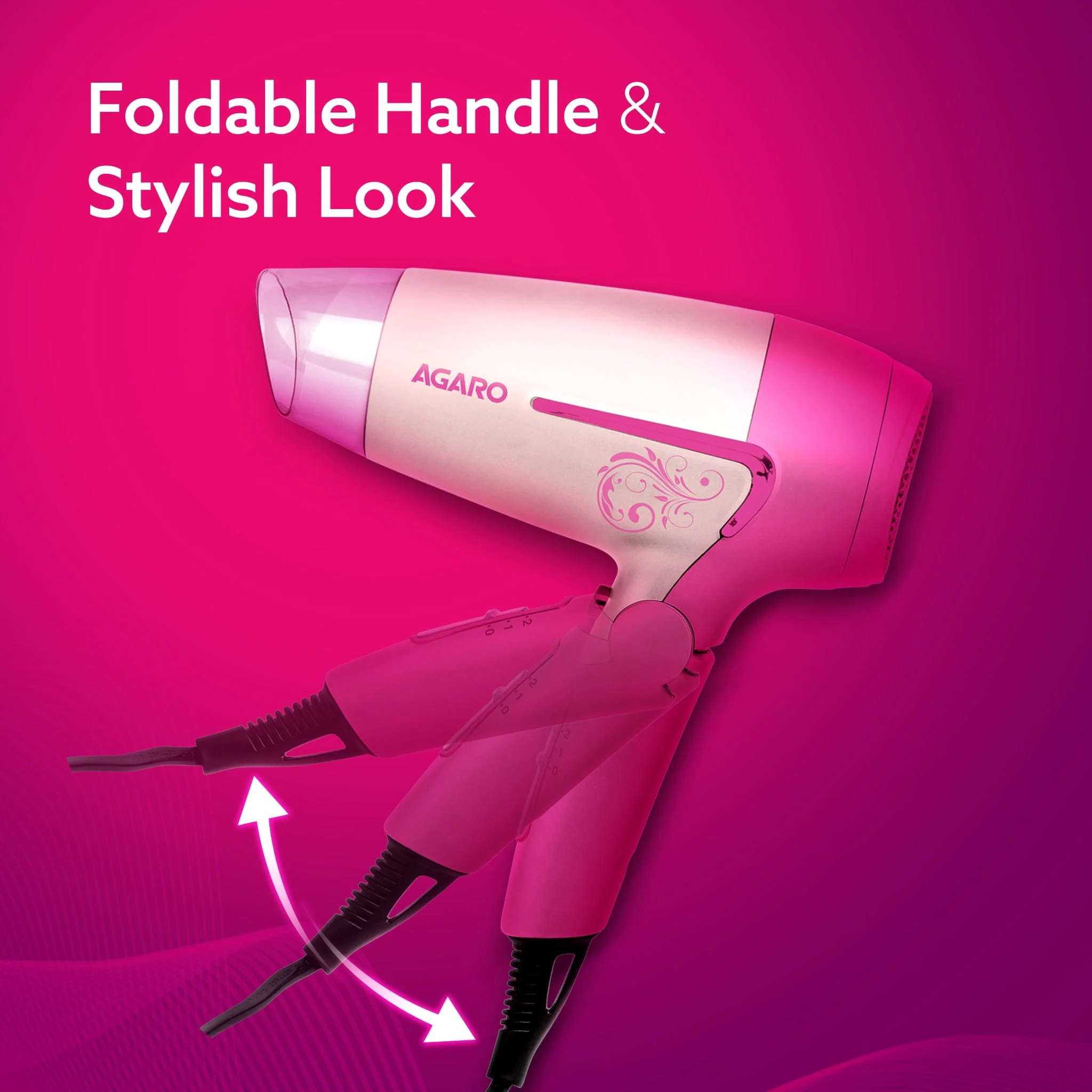 HD1179 Hair Dryer, 1600W, 2 Speed & 3 Heat Settings, Cool Shot, Foldable Handle, for Men & Women, Pink - Image 6
