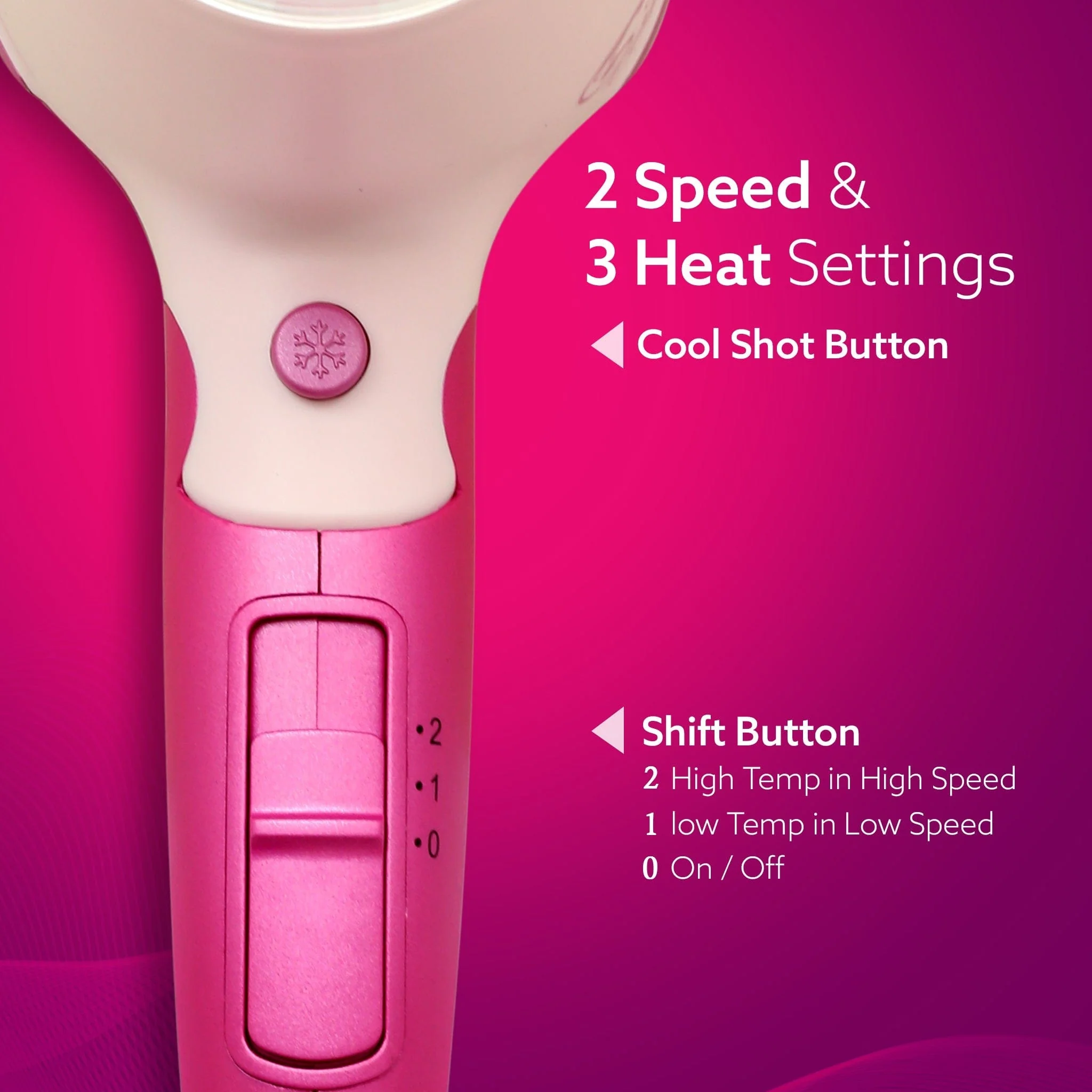HD1179 Hair Dryer, 1600W, 2 Speed & 3 Heat Settings, Cool Shot, Foldable Handle, for Men & Women, Pink - Image 9