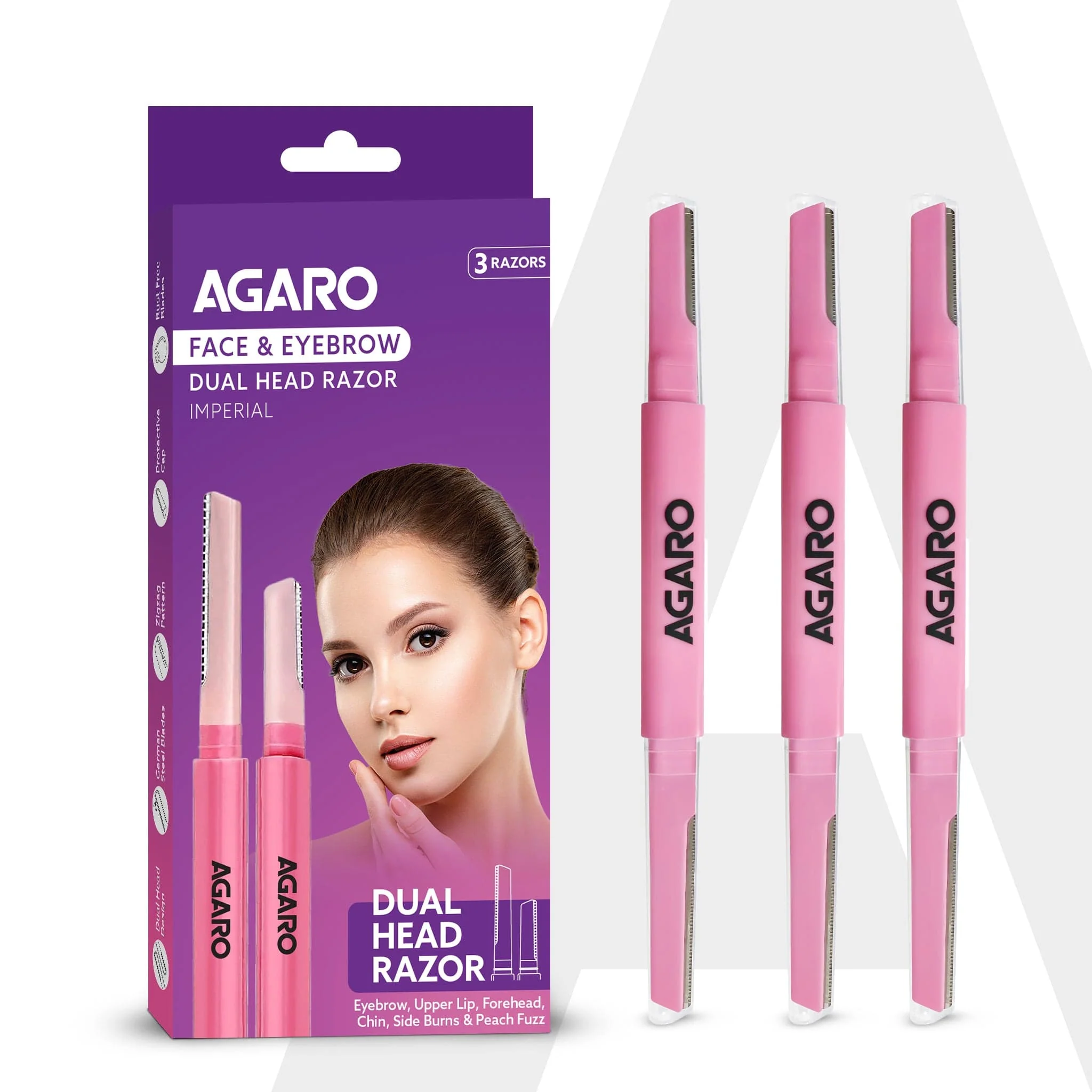 Imperial Face & Eyebrow Razor for Women (Pack of 3) | Dual Blade Head with German Blades | Easy Facial Hair Shaping & Shaving | Reusable up to 5 Times | Rust-Free Durable Blades