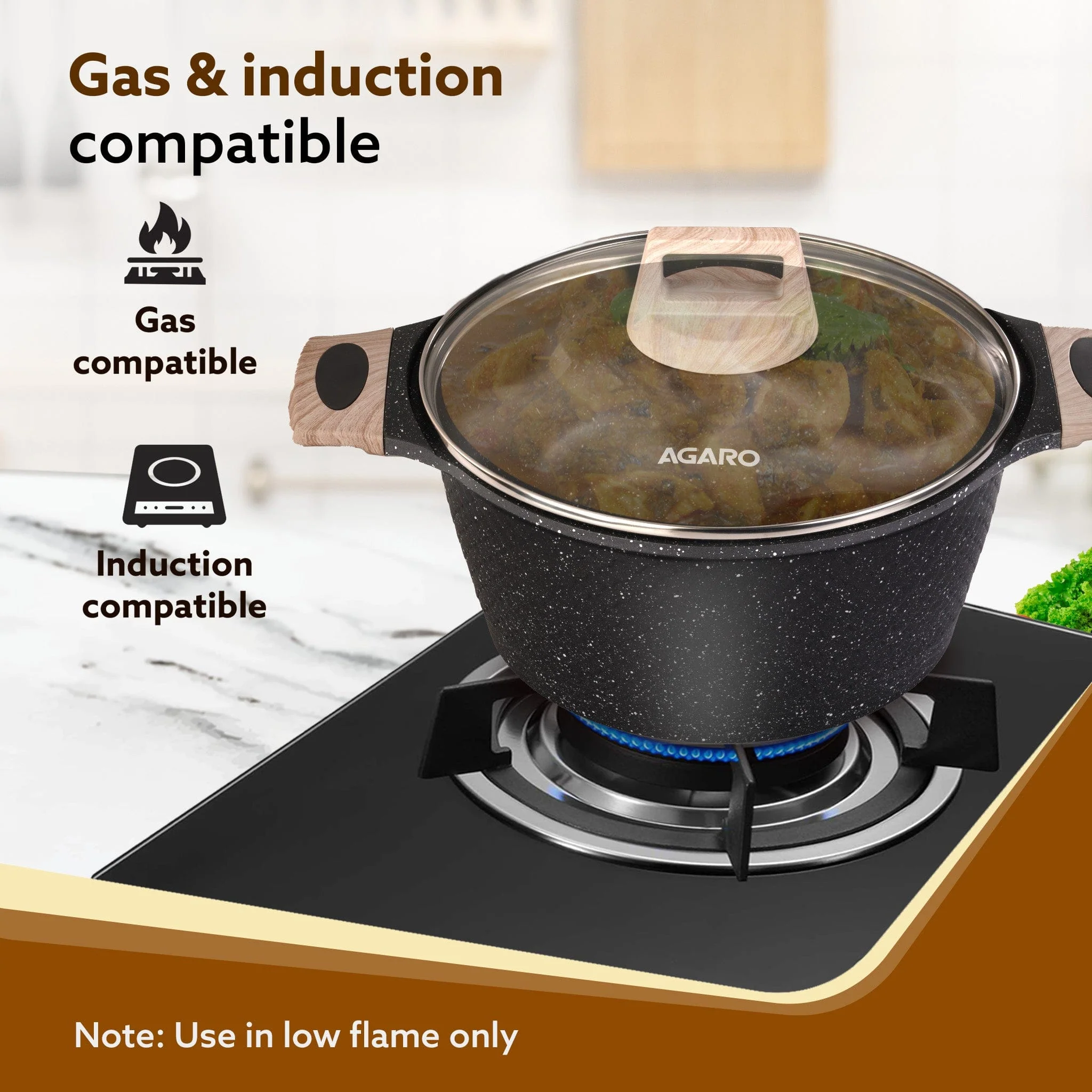 Imperial Granite Non Stick Casserole with Glass Lid, 4L/24cm, Cast Aluminium Body, Stew Pot, Biriyani Pot, Sauce Pot, Gas & Induction Compatible, Dark Grey - Image 3
