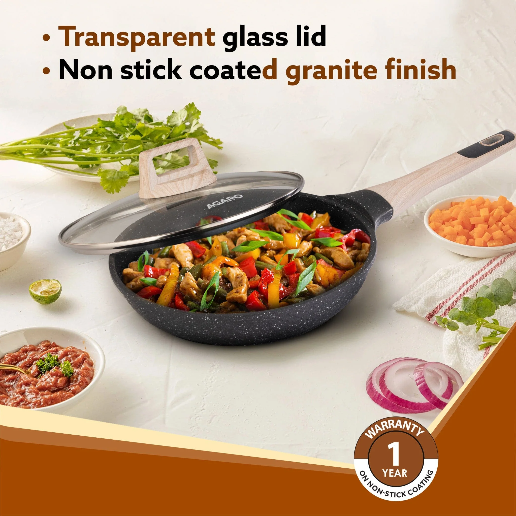 Imperial Granite Non Stick Cookware Set , 3pcs Cookware Set, 24cm Frying Pan with Glass Lid, 28cm Dosa Tawa, 28cm Kadhai with Glass Lid, Cast Aluminium Body, Gas & Induction Compatible, Dark Grey - Image 5