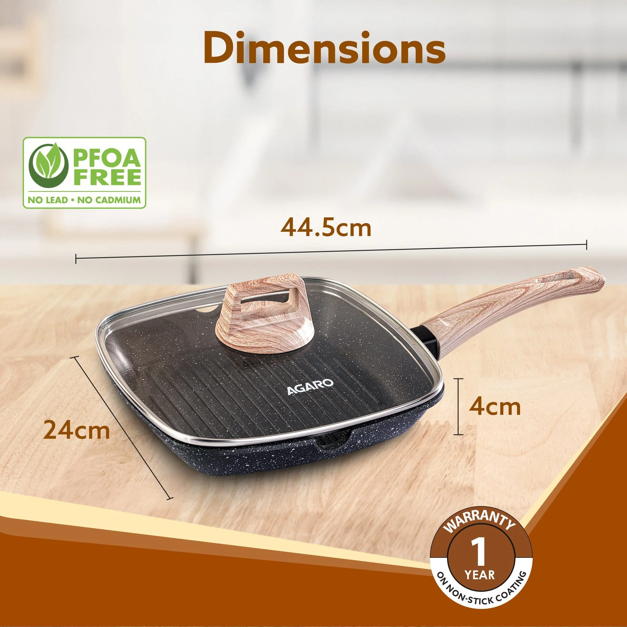 Imperial Granite Non Stick Grill pan with Glass Lid, 1.8L/ 24cm, Cast Aluminium Body, Gas & Induction Compatible, Dark Grey - Image 6
