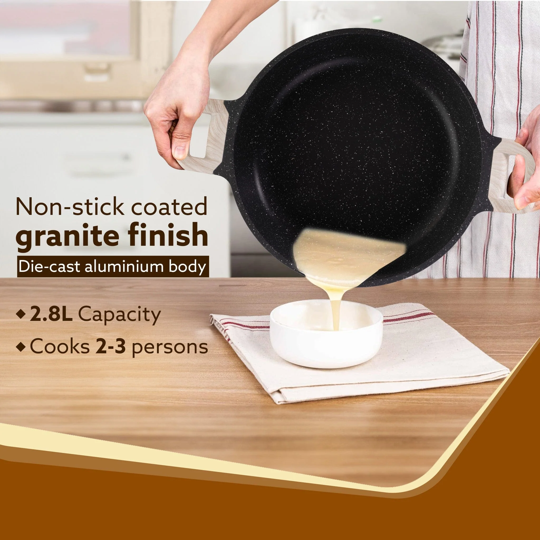 Imperial Granite Non Stick Kadai with Glass Lid, 2.8L / 24cm, Kadai ,Deep Frying Pan, Biryani Pot, Cast Aluminium Body, Gas & Induction Compatible, Dark Grey - Image 2