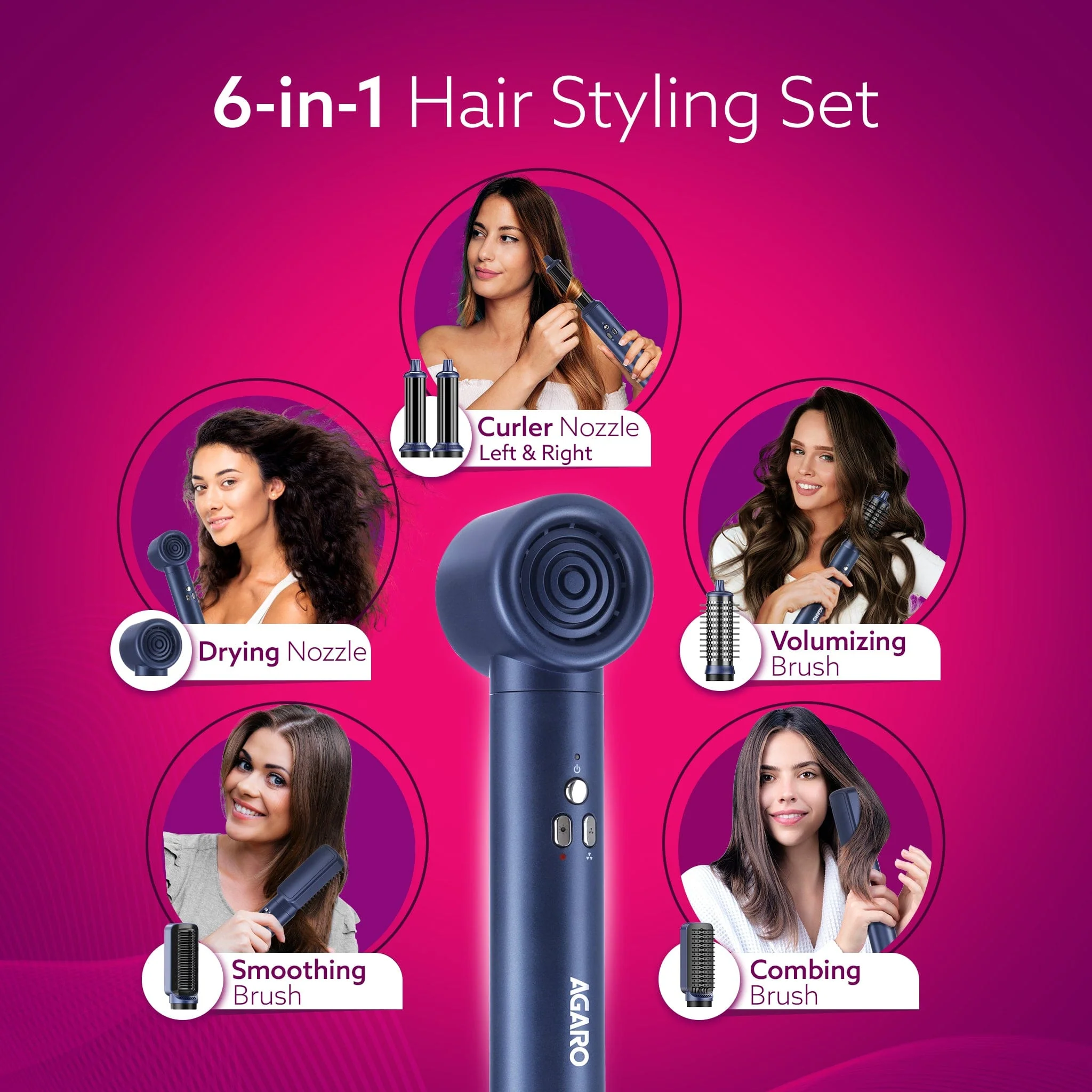 Imperial Multifunctional 6-in-1 Hair Styler, Brushless 1200W Motor, High Speed Ionic Hair Dryer, Blow Dryer Brush, Detachable Hair Styling Tools, Volumizing, Drying, Smoothing, Men & women, Blue - Image 5