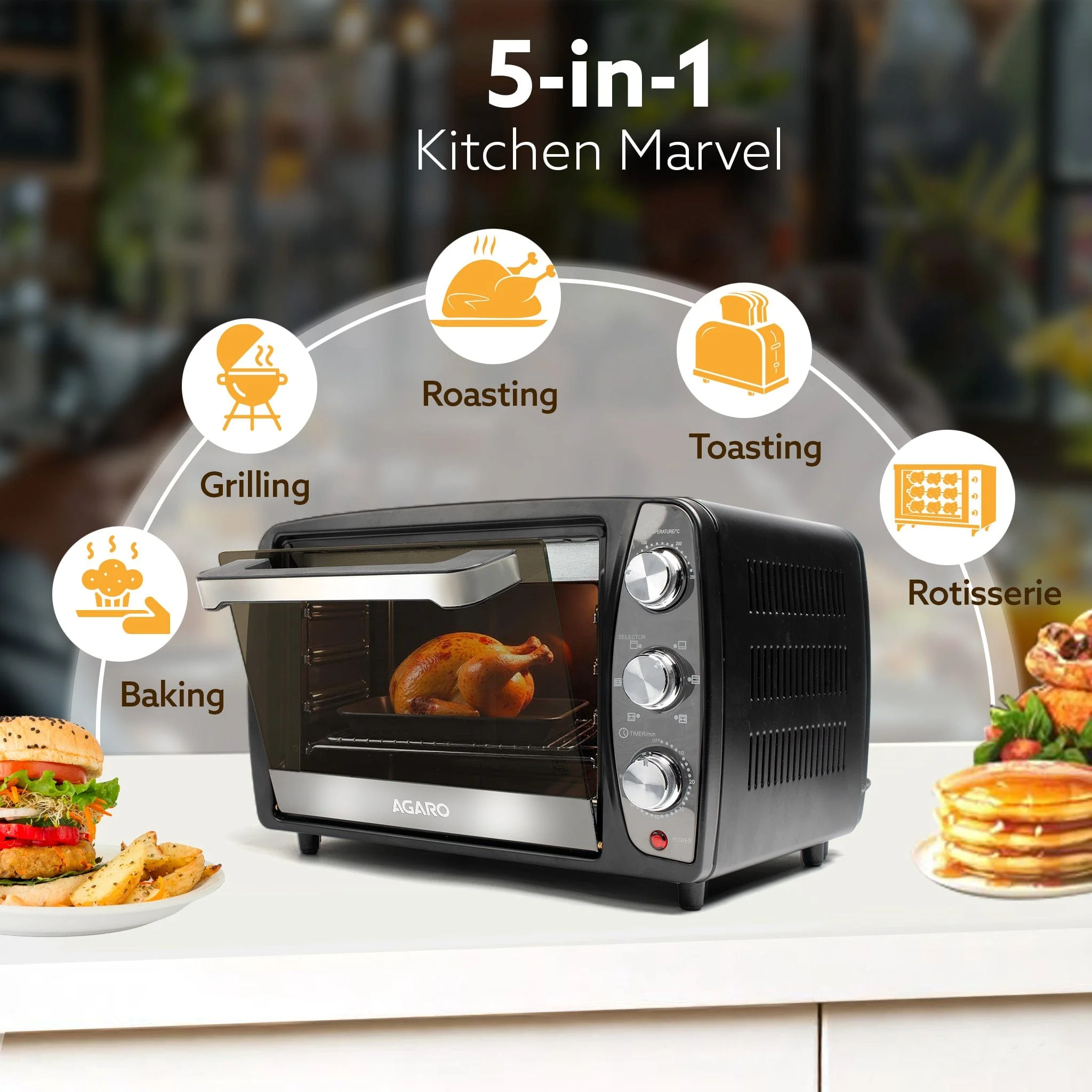 Majestic 17L OTG 1350W, with Motorized Rotisserie Baking & Grilling Accessories, Oven For Kitchen, Transparent Glass Door, Uniform Heating, Adjustable Temperature Control, 1-Year Warranty, Black - Image 4