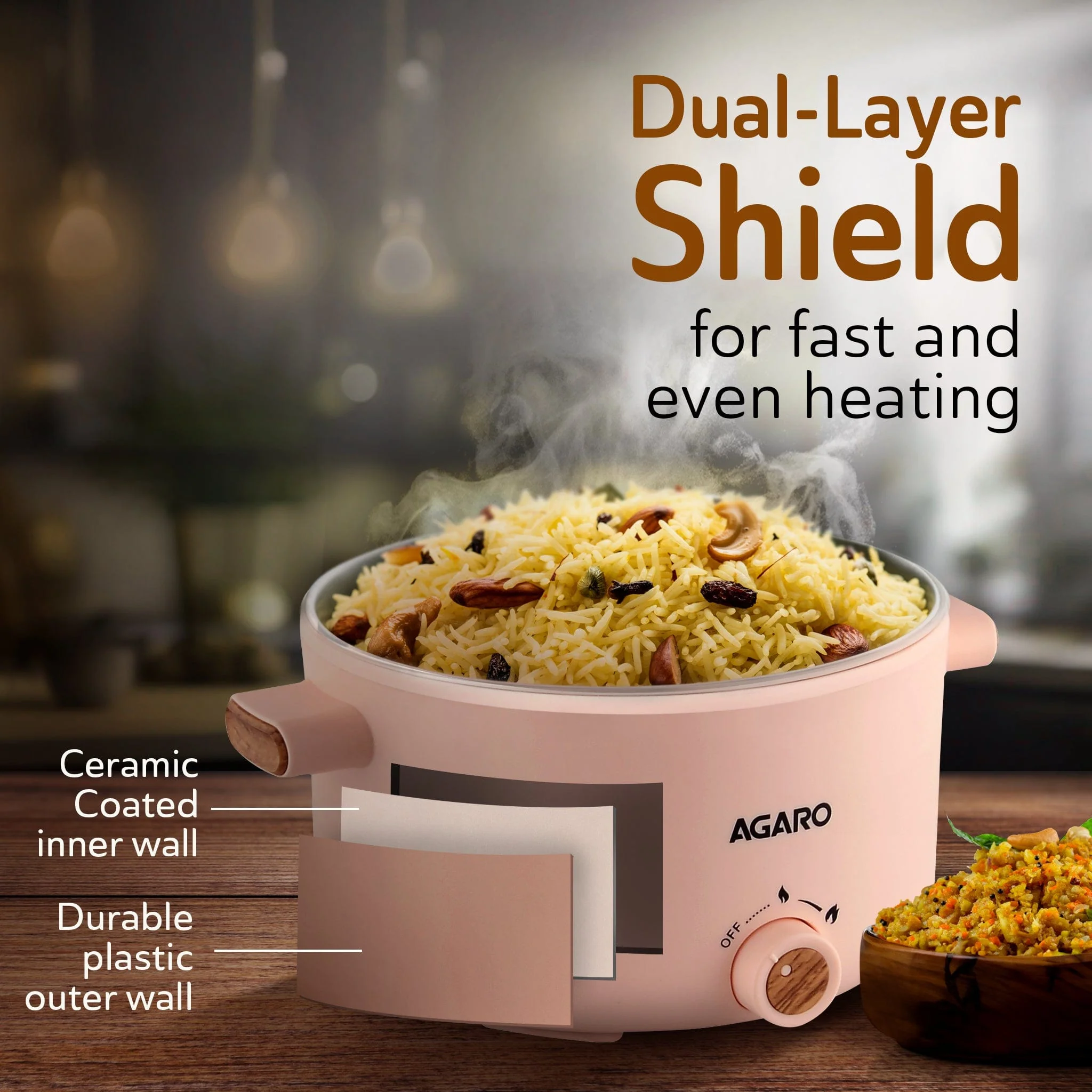 Primo Multi Function Pot 2L, Double Layered Body, Ceramic Coated Inner Pot, Variable Temperature Settings, Wide Mouth, Transparent Lid, Cooking, Boiling, Steaming, Egg, Vegetable - Image 3