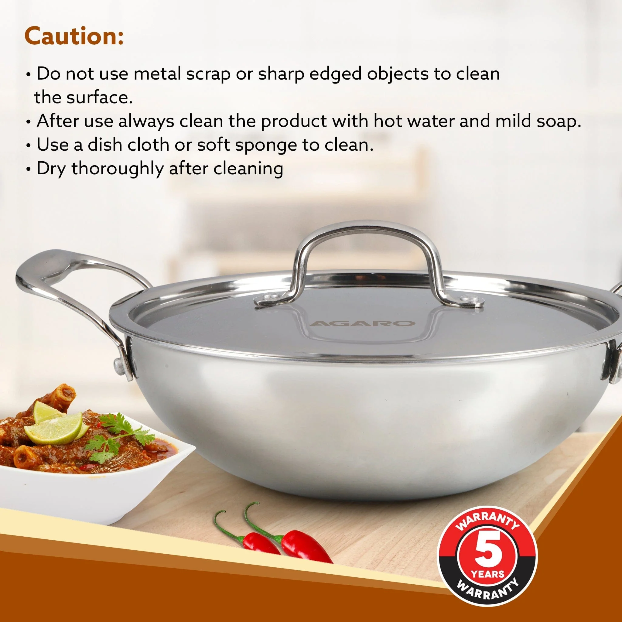 Regency Tri-Ply Steel Kadai, 2.75L Capacity, 26 cm Diameter, Stainless Steel, Riveted Handle, Food Safe, Gas Oven and Induction Oven Compatible, Cooking, Frying, Serving, Silver - Image 6
