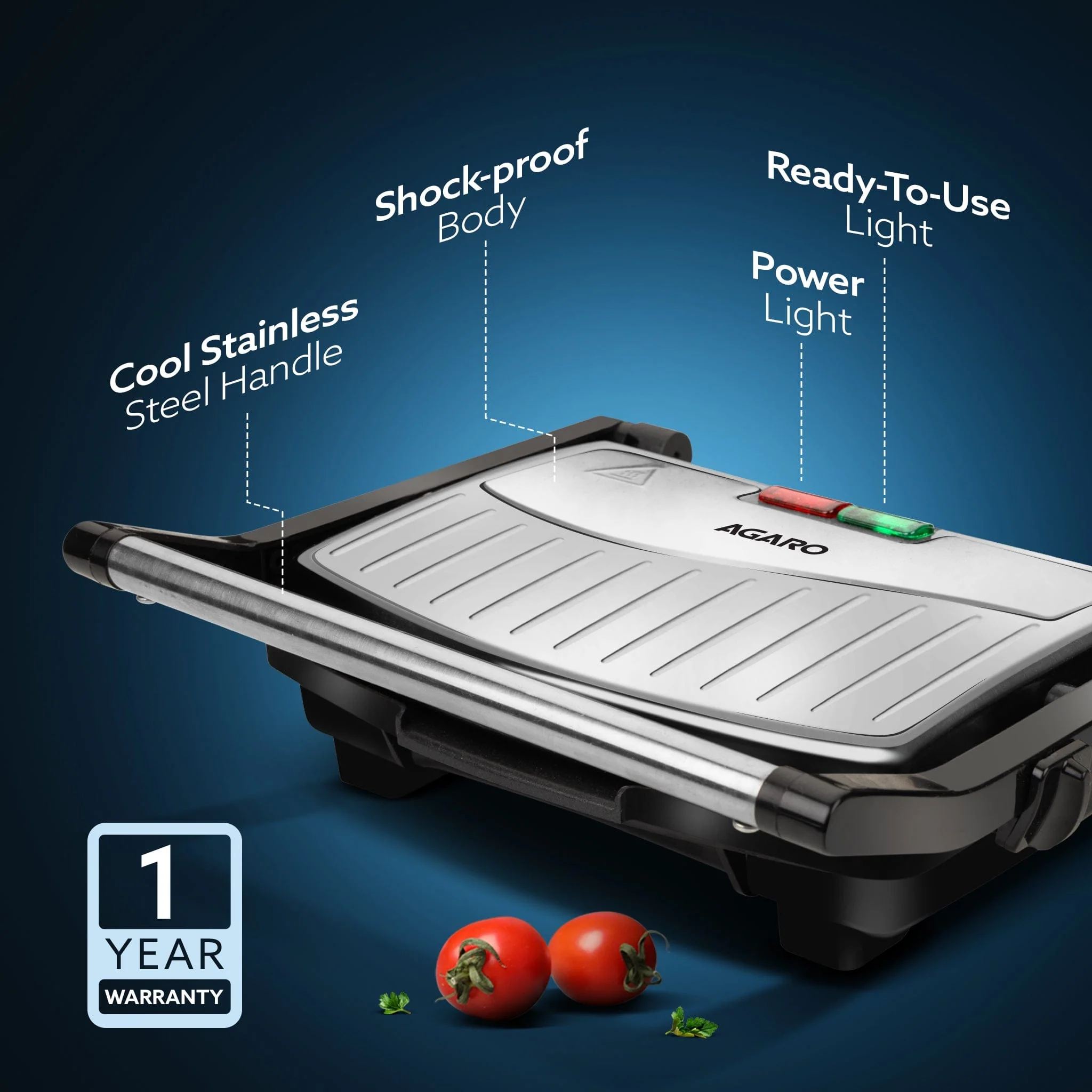 Royal Grill Sandwich Maker, Non Stick Coated Grill Plates, Stainless Steel Body, Oil Collector Tray, 1000W, 90 Degrees Floating Hinges, Panini/Grill/Toast (Black) - Image 3