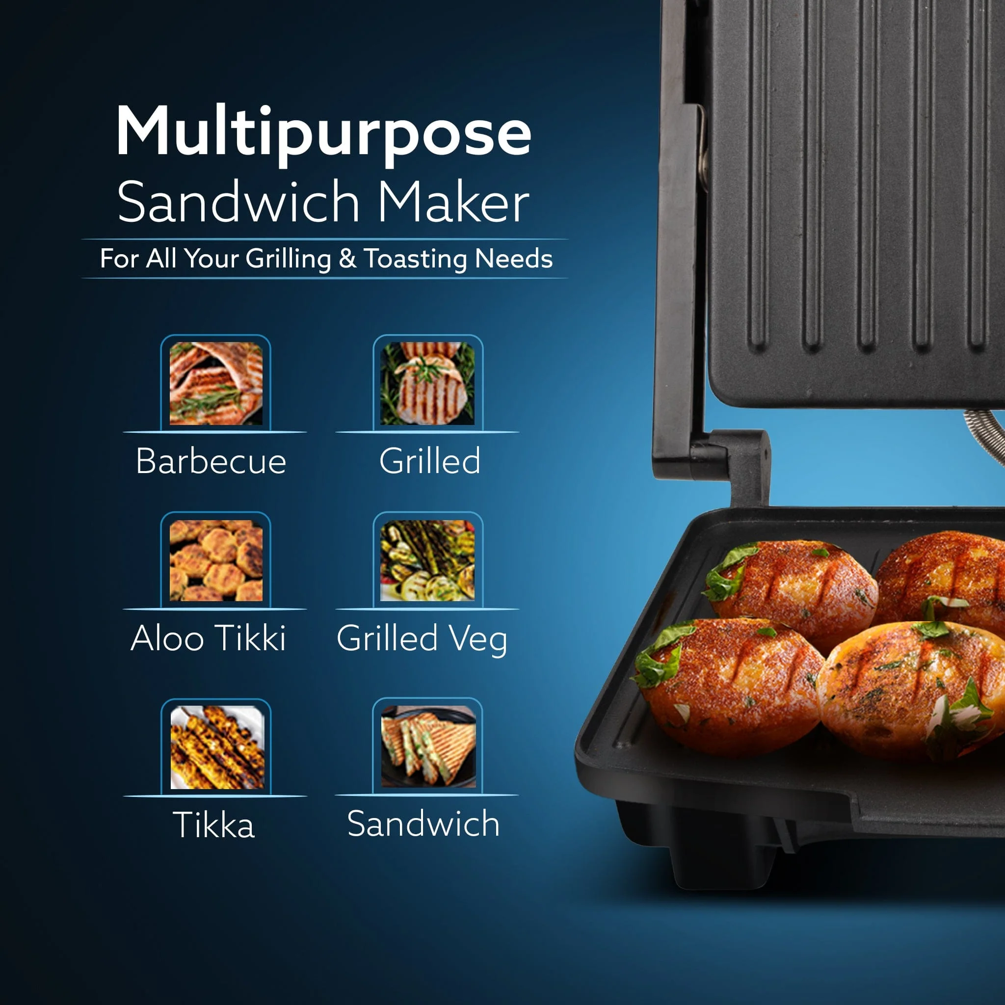 Royal Grill Sandwich Maker, Non Stick Coated Grill Plates, Stainless Steel Body, Oil Collector Tray, 1000W, 90 Degrees Floating Hinges, Panini/Grill/Toast (Black) - Image 6