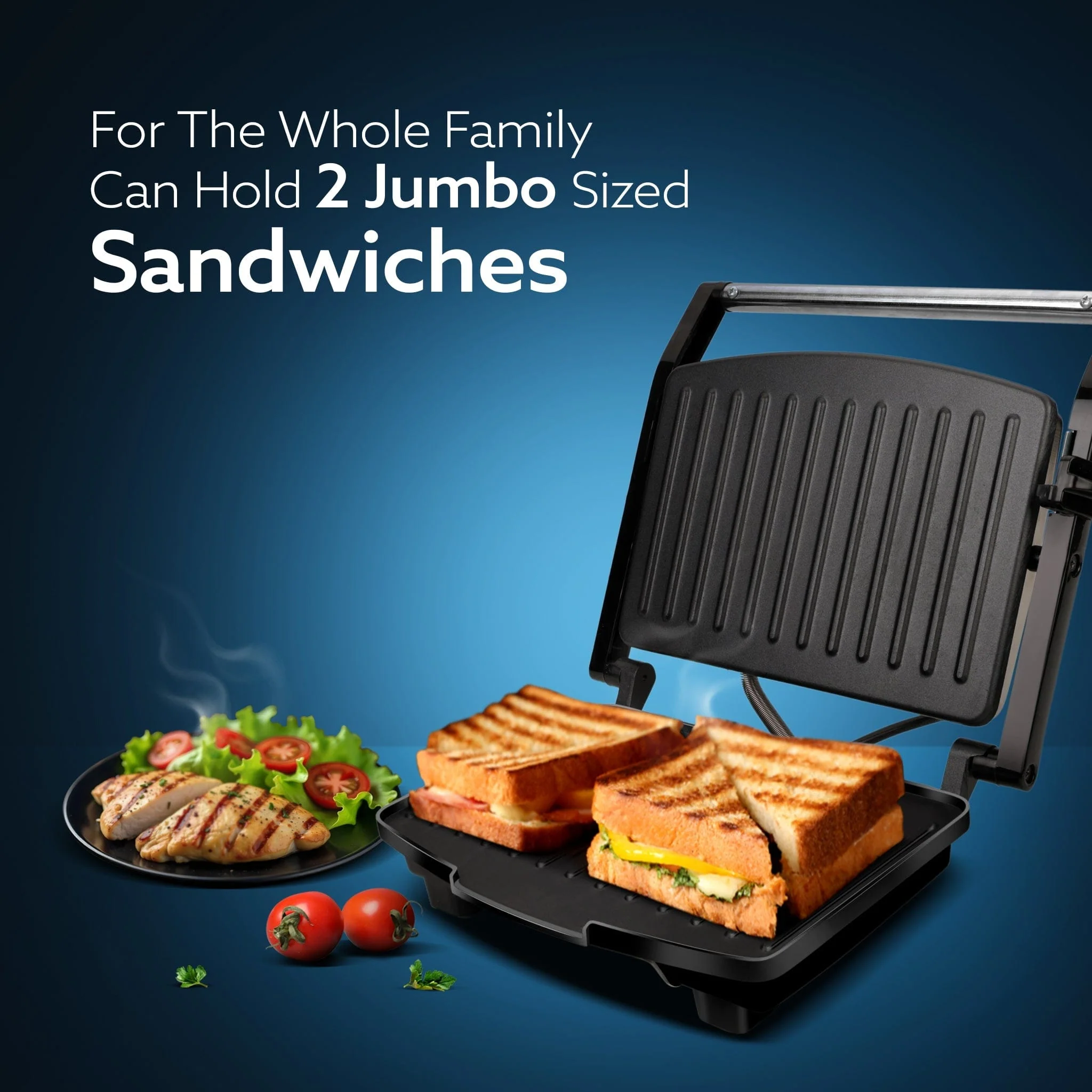 Royal Grill Sandwich Maker, Non Stick Coated Grill Plates, Stainless Steel Body, Oil Collector Tray, 1000W, 90 Degrees Floating Hinges, Panini/Grill/Toast (Black) - Image 9