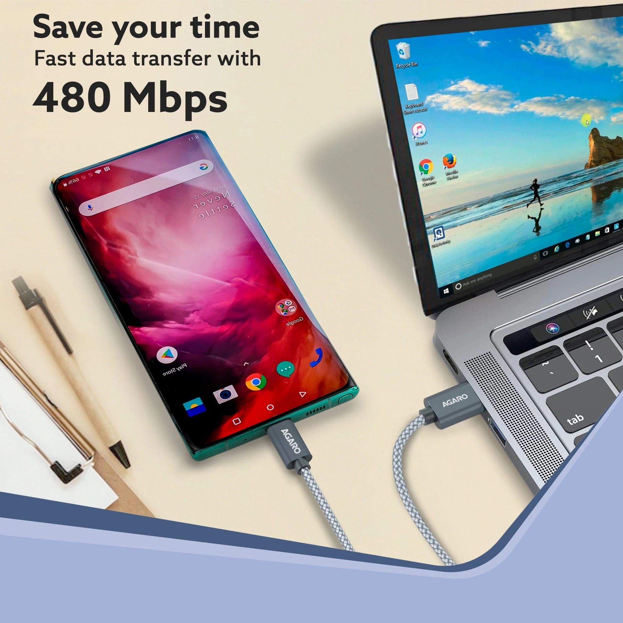 USB-A to Type C Cable, Unbreakable Braided Cable, 3A Fast Charging, Compatible with All Type C Devices Including Smartphones, Tablets, PD Technology, 1.5 M (4.9Ft), 480 Mbps Data Transmission - Image 3